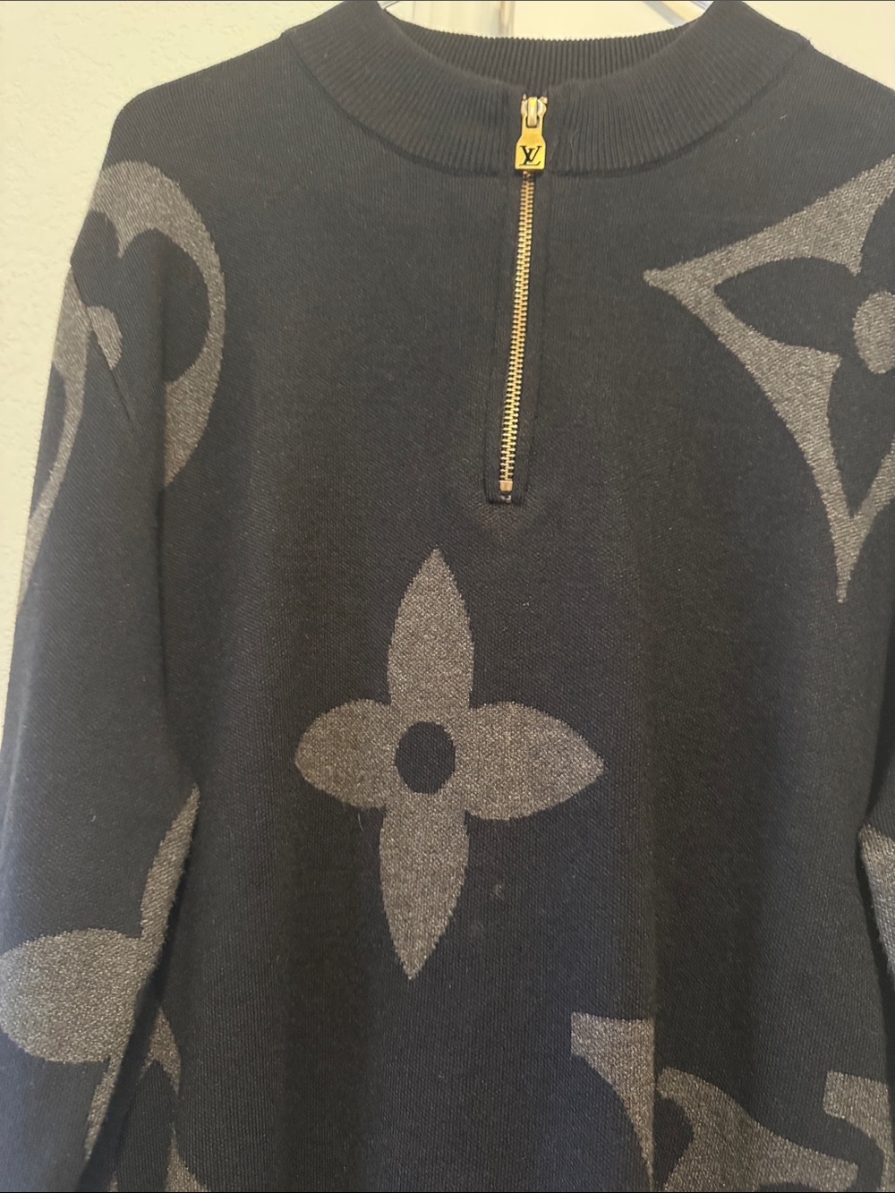 Fashionable Men’s Black & Gray Monogram Half-Zip Sweater with Gold Zipper